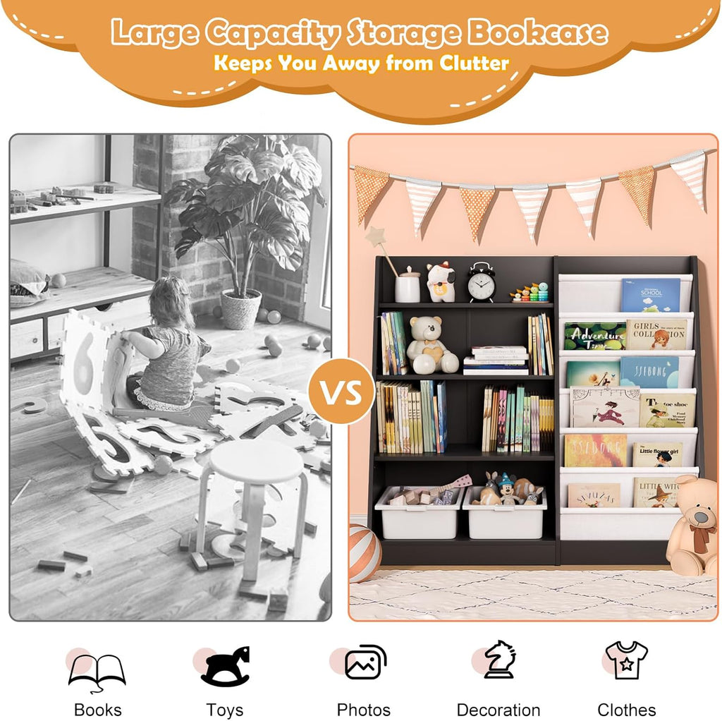 Black Kids Bookshelf Wood Toy Storage Organizer Cabinet Children Bookcase Toddler Baby Sling Book Rack Adjustable Shelf for Playroom Bedroom Nursery Hallway School Kindergarten