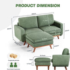 Vesgantti 68" Loveseat Sofa with Movable Ottoman, Comfy Corduroy Couch with Spring Cushion, Sofa Couch with Solid Wood, Modern Office Sofa with Deep Seat for Living Room and Bedroom, Green