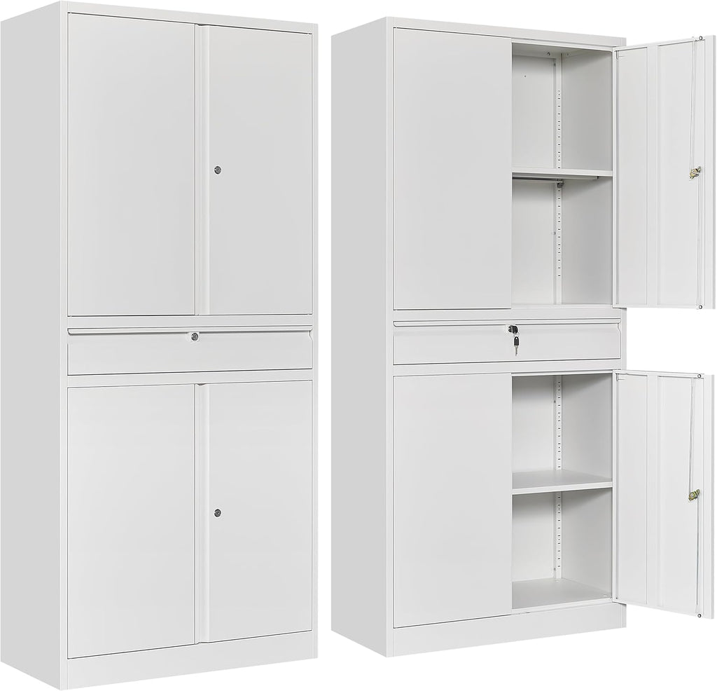 SISESOL White Metal Storage Cabinet with Drawer and Locks,Garage Storage Cabinet with Locking Doors and Adjustable Shelves,71" Tall Large Metal Cabinets with Magnetic Door for Home,Office,Garage