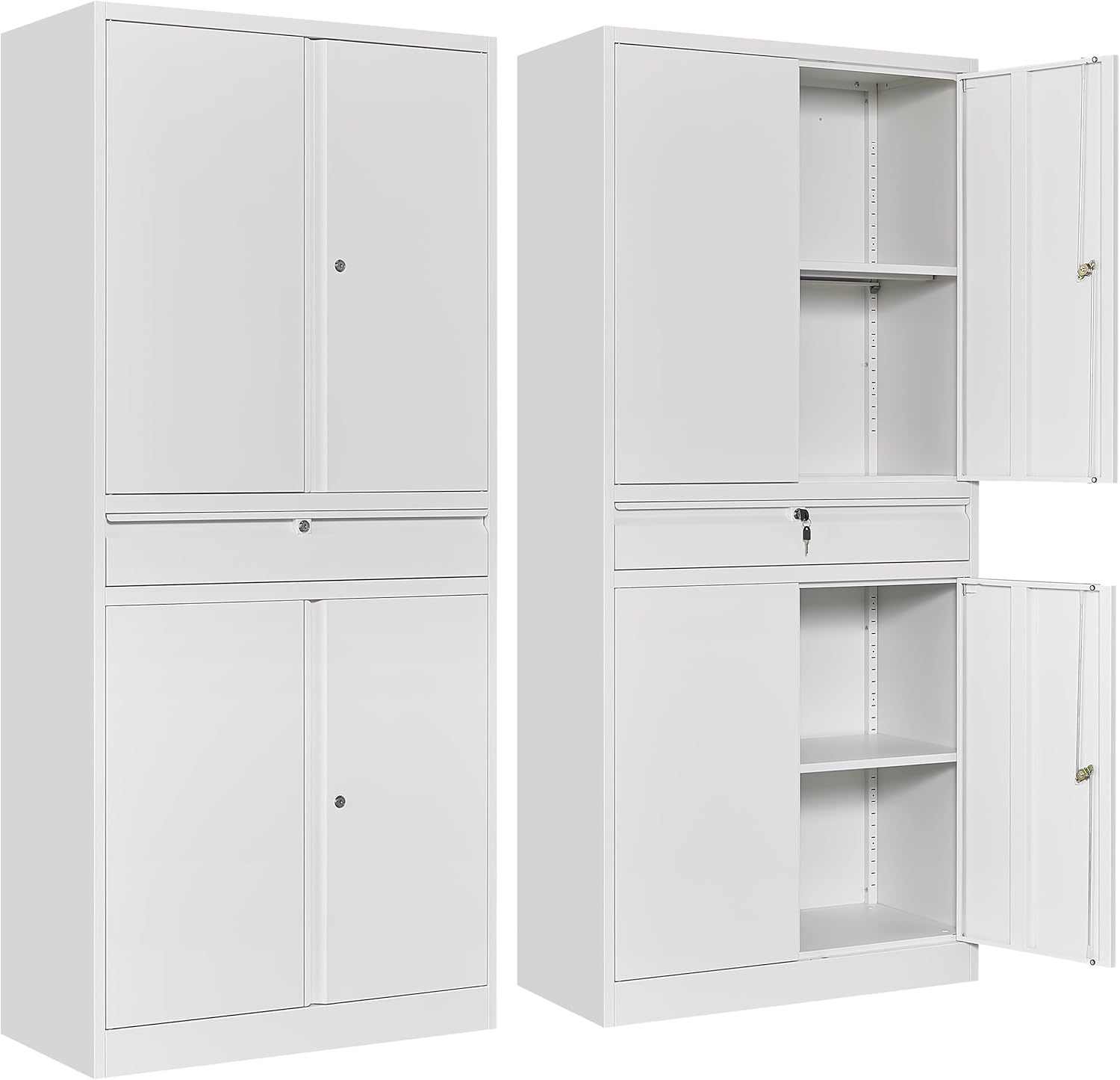 SISESOL White Metal Storage Cabinet with Drawer and Locks,Garage Storage Cabinet with Locking Doors and Adjustable Shelves,71" Tall Large Metal Cabinets with Magnetic Door for Home,Office,Garage