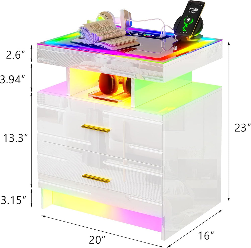 HNEBC Night Stand Set 2 with Wireless Charging Station& Remote Lights,Whi...