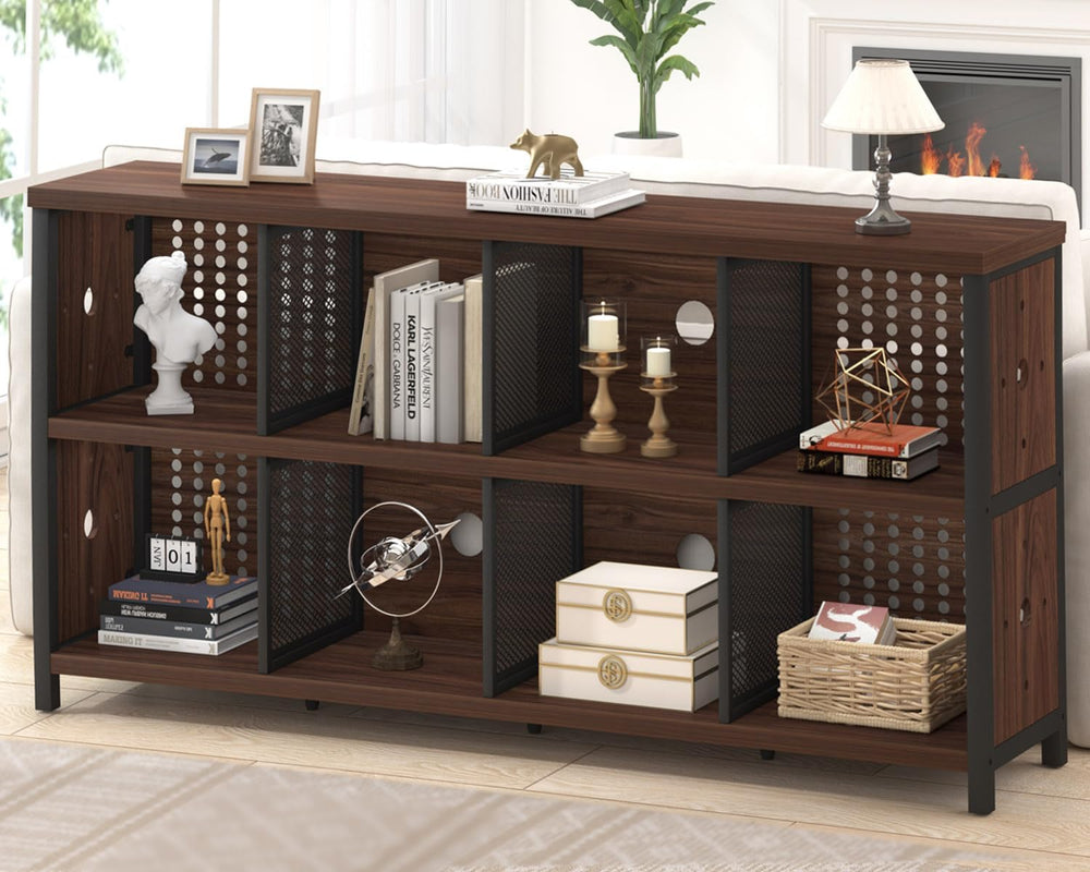 LVB Wood Horizontal Bookshelf, Industrial Bookcase with Storage, Walnut 63"