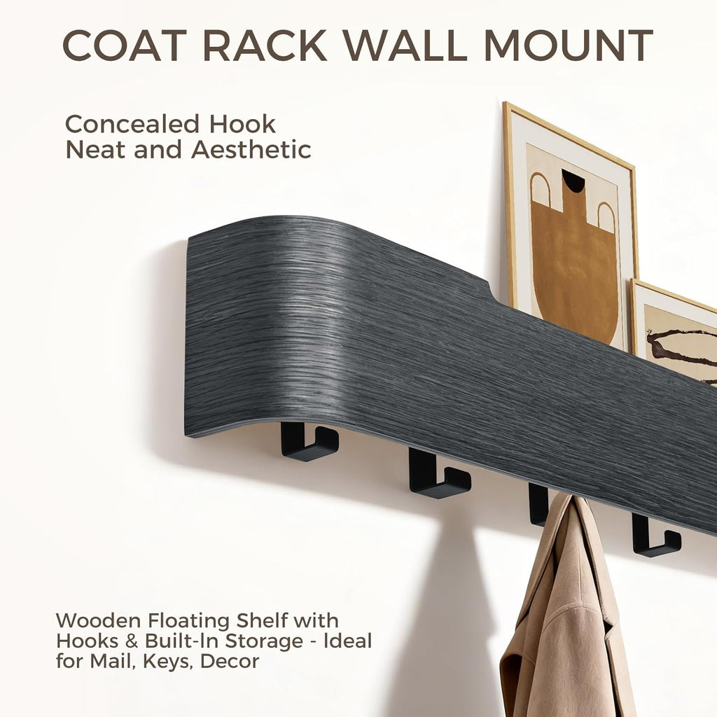 Wall Coat Rack Floating Shelves Modern Coat Rack Wall Mount with Storage Entryway Shelf Wooden Hanger 20 Inch 4 Hidden Metal Hooks for Living Room Bedroom (Black, 8 Hooks)