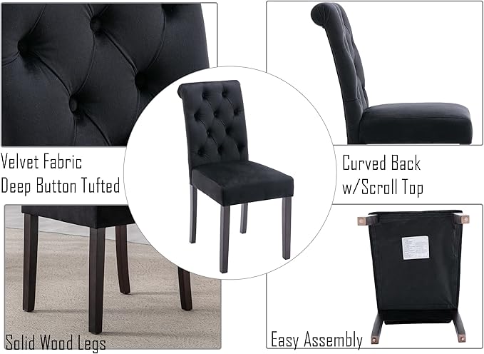 Velvet Dining Chairs Set of 2 Upholstered Dining Room Chairs Modern Tufted Accent Chairs Wooden Parsons Side Chairs for Home Kitchen Resturant, Black