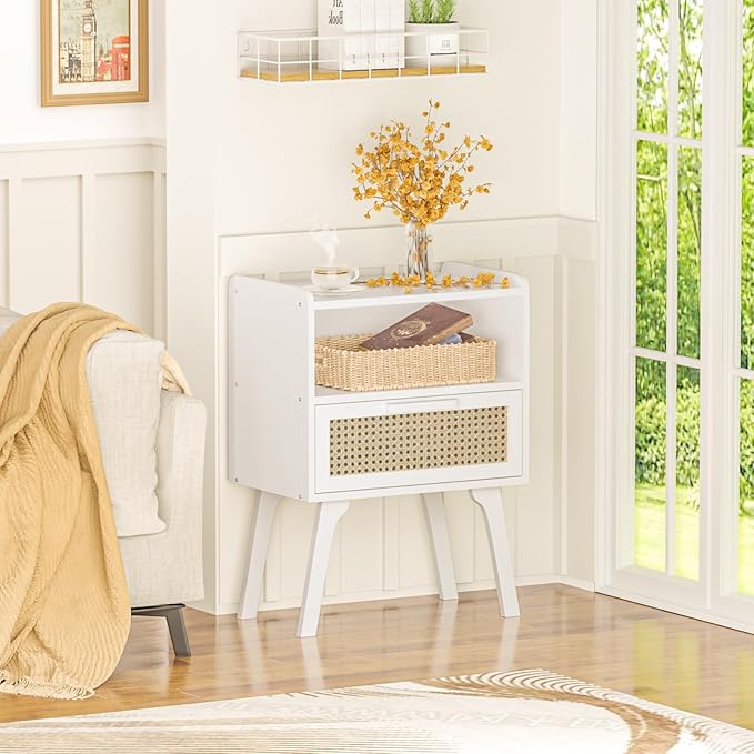 Lerliuo Rattan Nightstands Set of 2, Bedside Table with Drawer Open Shelf, Ca...
