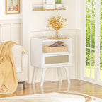 Lerliuo Rattan Nightstands Set of 2, Bedside Table with Drawer Open Shelf, Cane Accent Side End Table with Solid Wood Legs, White Mid Century Night Stand for Bedroom, Dorm and Small Spaces