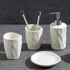 Bathroom Accessories Set, 4 PCS Modern Stone Look Bathroom Accessory Set with Hand Soap Dispenser 11.5 OZ, Tumblers, Toothbrush Holder, Bar Soap Dish Holder Saver (White)