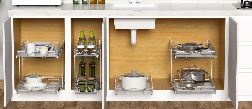 OCG 2 Tier Pull Out Cabinet Organizer (14" W x 21" D), Pull Out Dra...