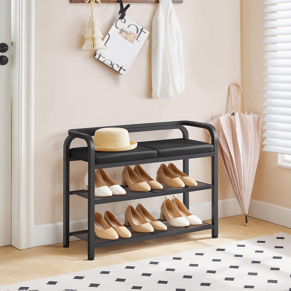 YATINEY Shoe Bench with Backrest, Entryway Bench, 2-Tier Shoe Rack with PU Pa...