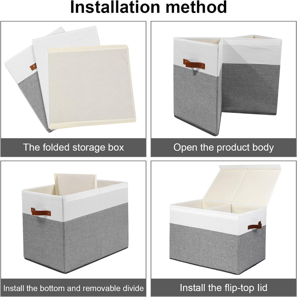 Large Toy Storage Box with Lid, Sturdy Toys Storage Chest Bin Organizer Basket with Dividers for Kids, Boys, Girls, Nursery, Closet, Bedroom, Playroom 25"x13" x16" (Grey and White)