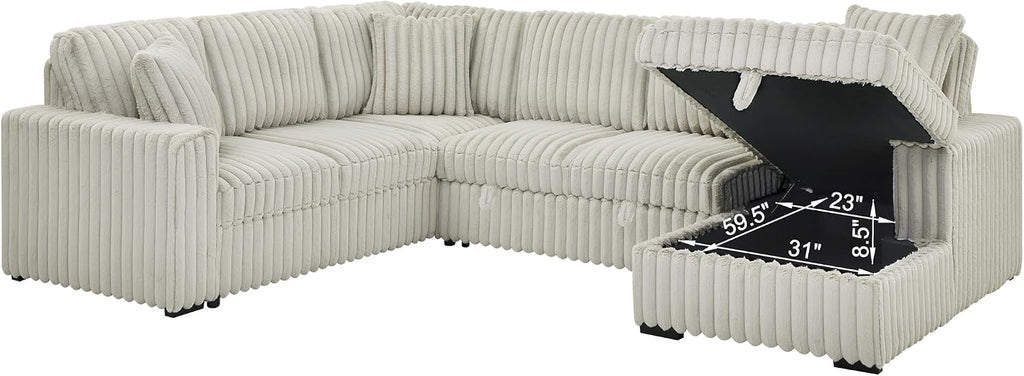 122-Inch Oversized Sectional Sleeper Sofa with Pull Out Bed,Khaki | Plush Corduroy U Shaped Modular Couch Gifts for Men Women, Storage Chaise Lounge and USB Charging Port,6 Seat Sectional Couch