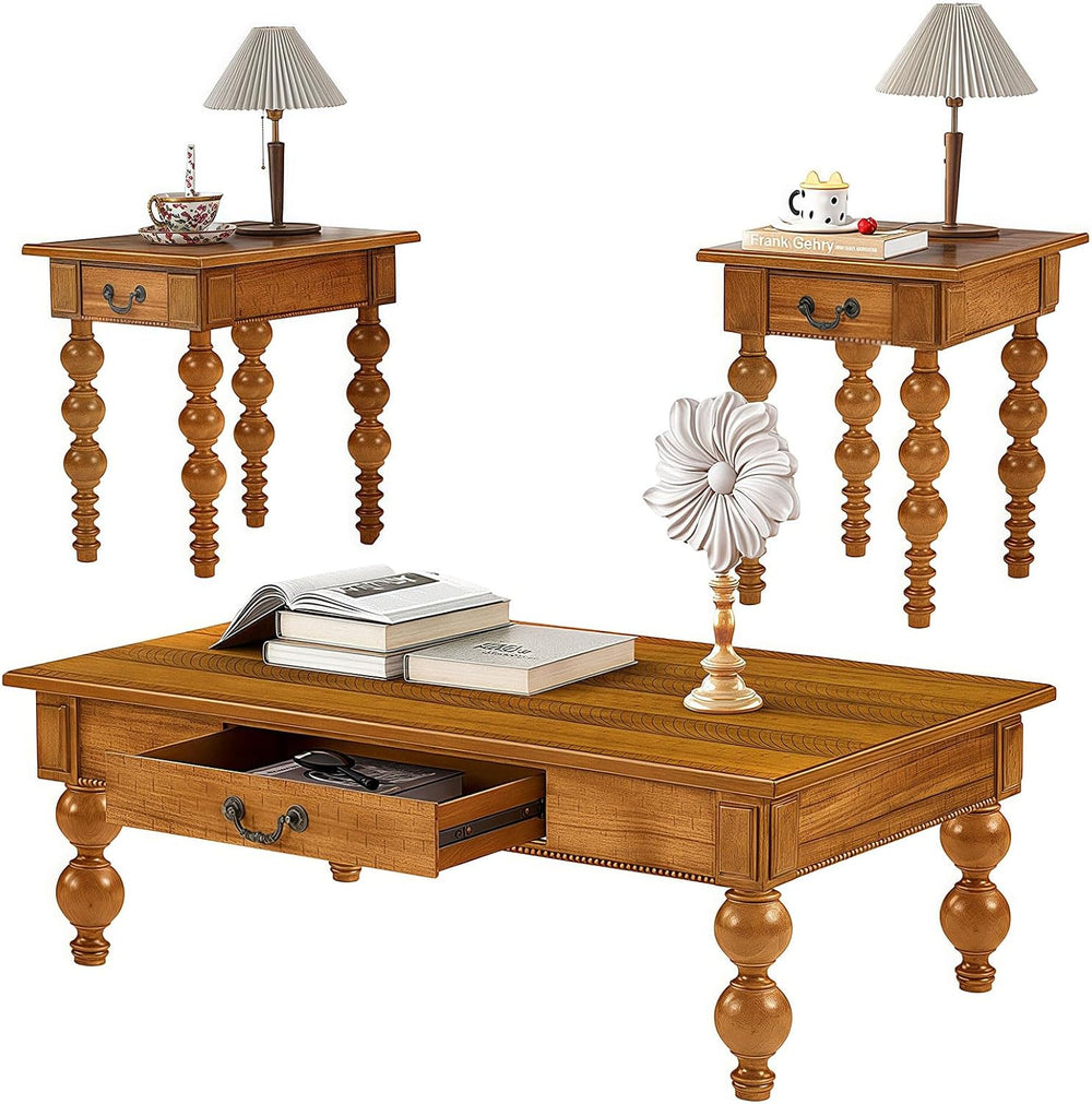 LKTART 3 Pieces Living Room Table Set, Wooden Vintage Coffee Table with 2 Nar...