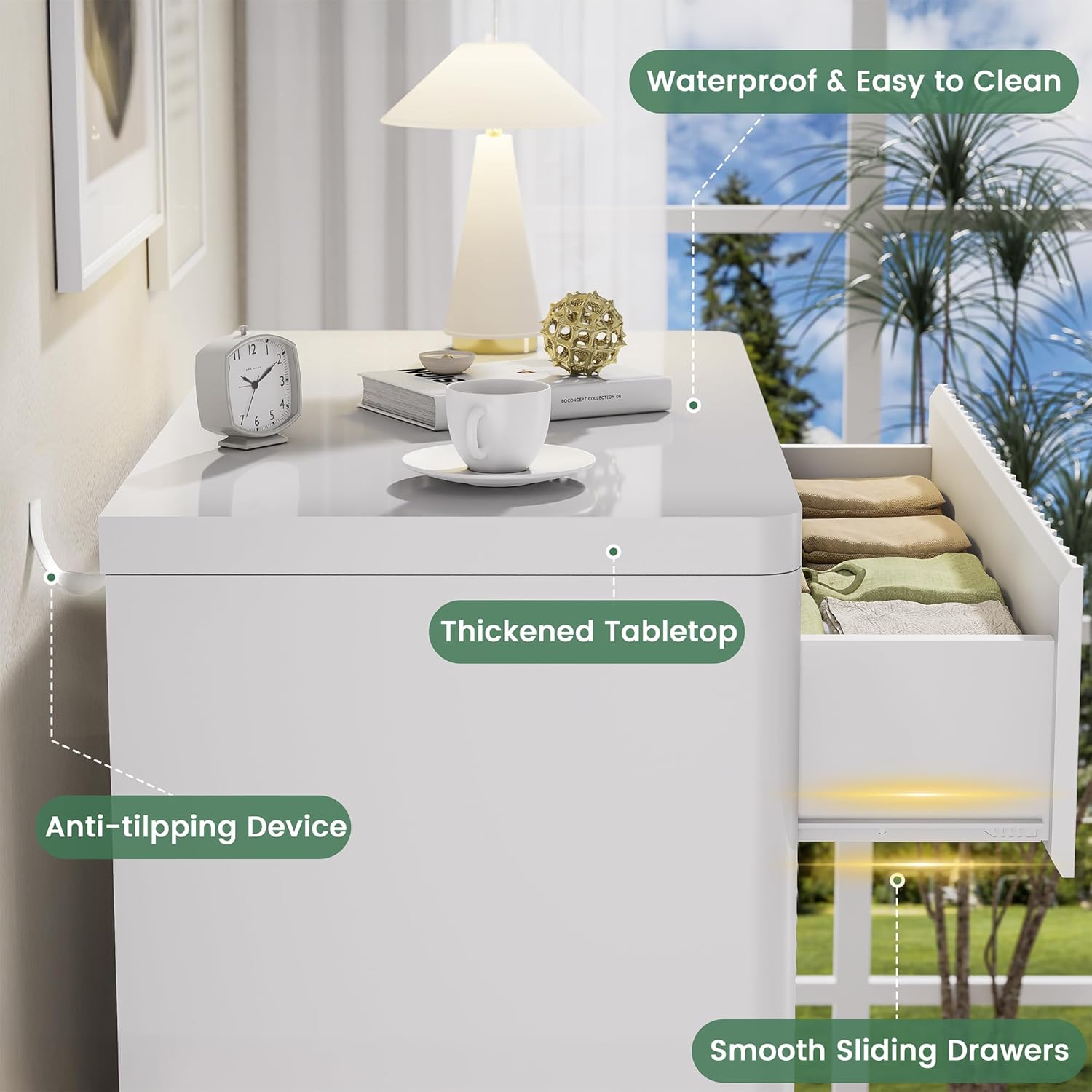 White Nightstand Set of 2, 3 Drawers Night Stand Set, Mid Century Modern Bed Side Table, Large Fluted End Table for Bedroom Living Room Sofa Couch Home Office, Bedside Table with Storage, 24.8” Wide