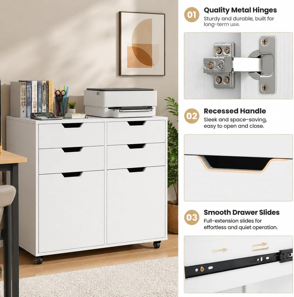 POWERSTONE Mobile File Cabinet with 4 Drawers & 2 Door, Rolling Under Des...