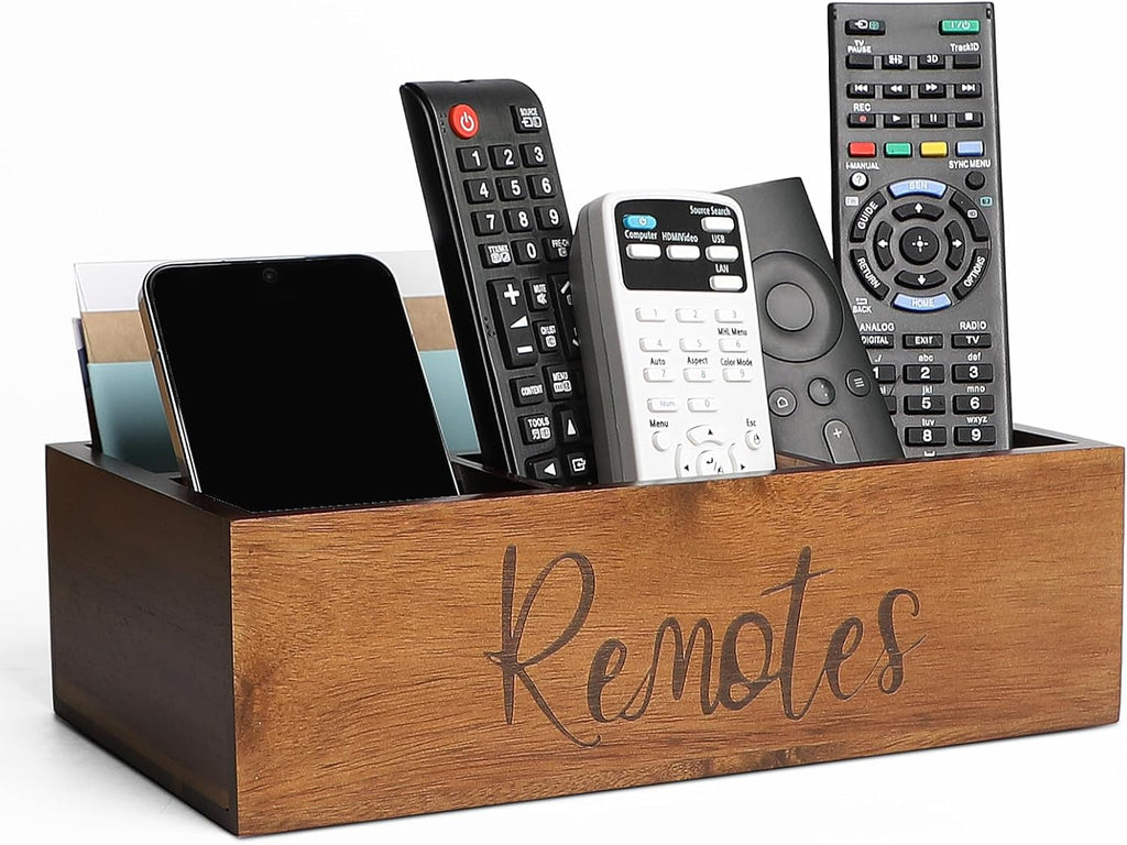 Acacia Wood Remote Control Holder Caddy, TV Organizer for Table, Vintage Farmhouse Desk Caddy (Brown-for 6+ Controls)