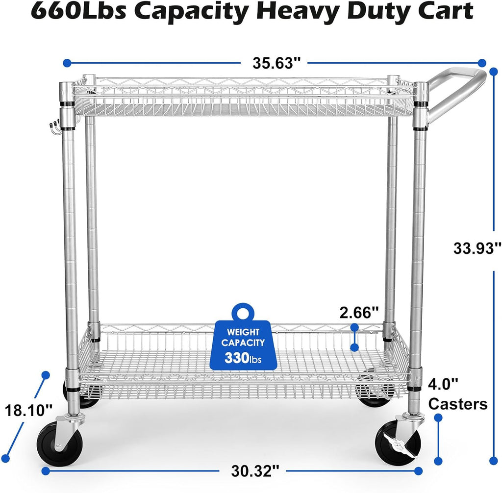 WDT 2 Tier Heavy Duty Utility Cart,NSF Rolling Carts with Wheels,660Lbs Capacity Storage Cart with Handle,Kitchen Carts on Wheels,Commercial Grade Metal Serving Cart with Shelves,35.63"x18.1"x 33.93"