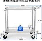 WDT 2 Tier Heavy Duty Utility Cart,NSF Rolling Carts with Wheels,660Lbs Capacity Storage Cart with Handle,Kitchen Carts on Wheels,Commercial Grade Metal Serving Cart with Shelves,35.63"x18.1"x 33.93"
