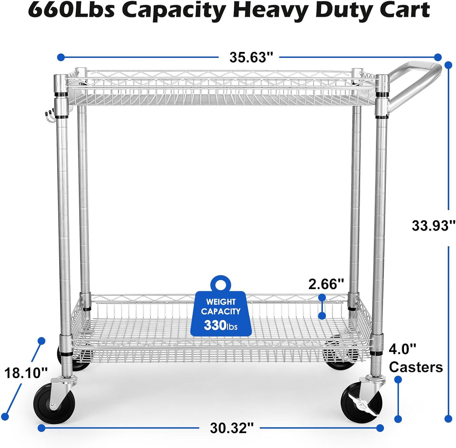 WDT 2 Tier Heavy Duty Utility Cart,NSF Rolling Carts with Wheels,660Lbs Capacity Storage Cart with Handle,Kitchen Carts on Wheels,Commercial Grade Metal Serving Cart with Shelves,35.63"x18.1"x 33.93"