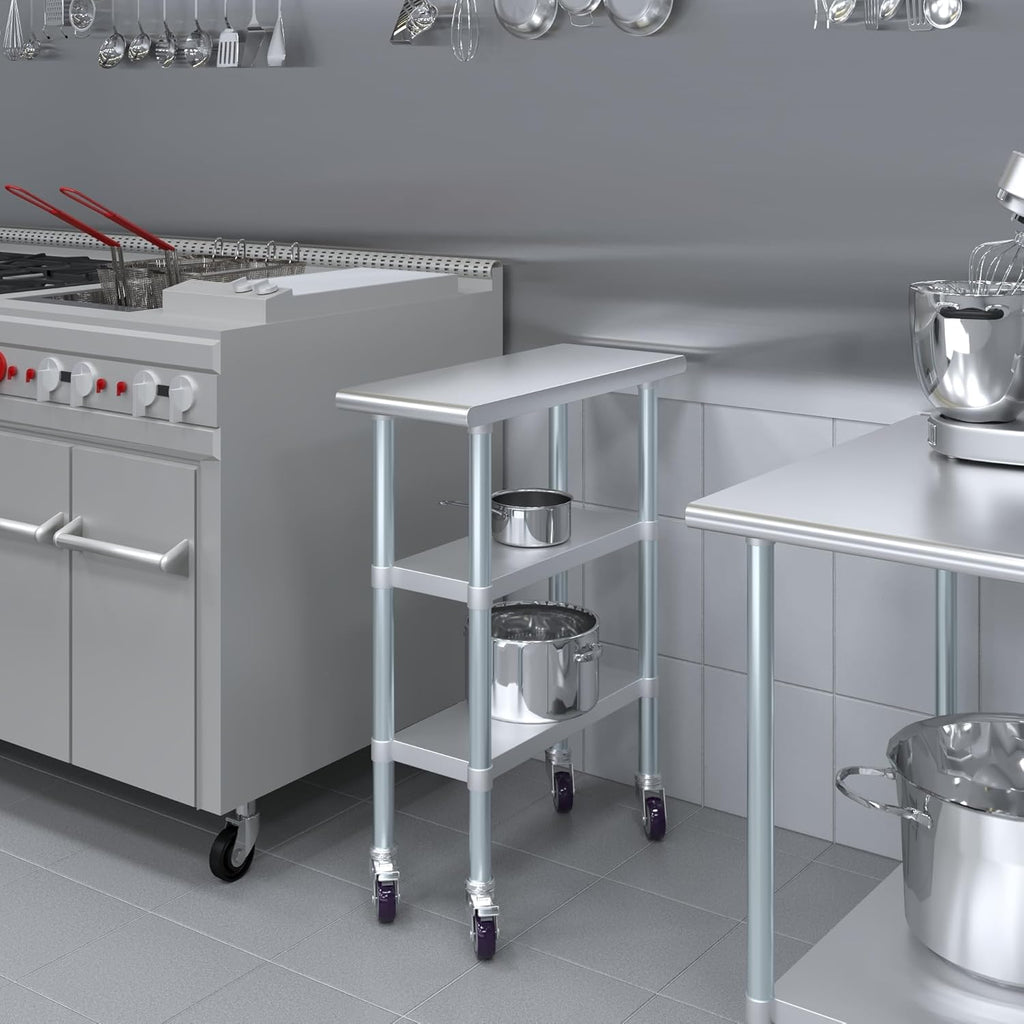 AmGood Stainless Steel Work Table with 2 Shelves and Casters | Metal Utility Table On Wheels (Stainless Steel Work Table with 2 Shelves + Casters, 12" Long x 30" Deep)