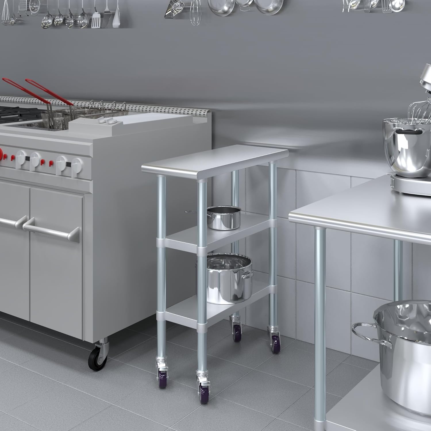 AmGood Stainless Steel Work Table with 2 Shelves and Casters | Metal Utility Table On Wheels (Stainless Steel Work Table with 2 Shelves + Casters, 12" Long x 30" Deep)