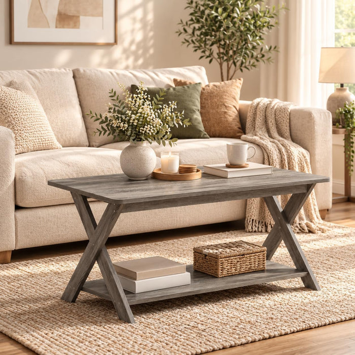 2-Tier Rectangle Modern Coffee Table with Open Shelf and X-Legs, Criss-Crossed Side Table, Coffee Table, for Bedroom, Home Office, Living Room, French Oak