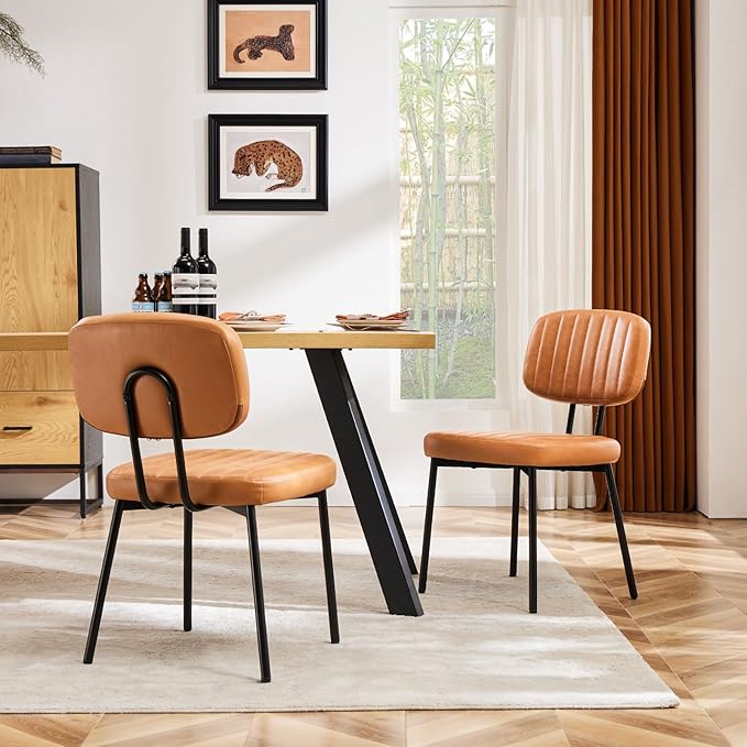 Sweetcrispy Dining Chairs Set of 2, Upholstered Mid Century Modern Kitchen Accent Chairs with Faux Leather Cushion Seat & Metal Legs for Home Office, Living Room - Brown