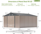 Patiowell 10 x 12 FT Metal Storage Shed for Outdoor with Floor Frame, Steel Yard Shed with Design of Lockable Doors, Utility and Tool Storage for Garden, Backyard, Patio, Outside use,Brown