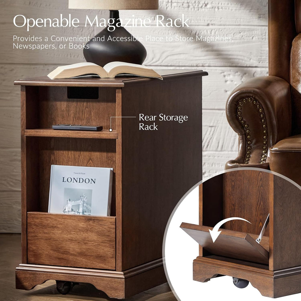 25" Tall Traditional End Table with Rolling Casters & Charging Stati...