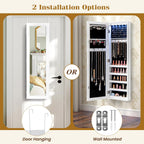Giantex Wall or Door Mounted Jewelry Cabinet with Full Length Mirror, Over The Door Jewelry Armoire Organizer with Lights, Large Storage with Necklace Hooks, Earring Slots & Shelves (White)