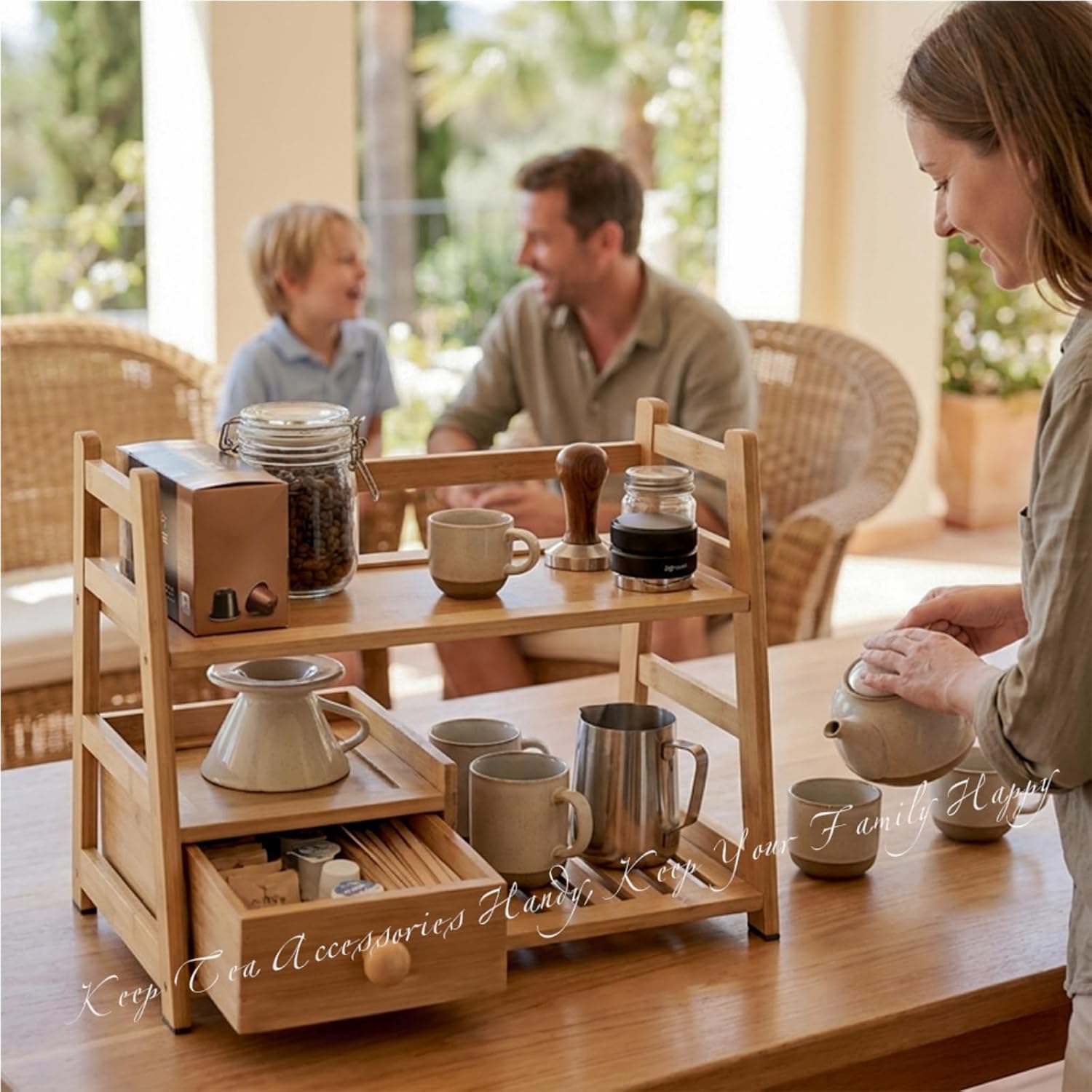 Tea Matcha Coffee Bamboo Station with Drawer for Kitchen and Office | countertop tidying, two-tier design, easy to clean, requires no complicated assembly, multi-scene use, tea drawer