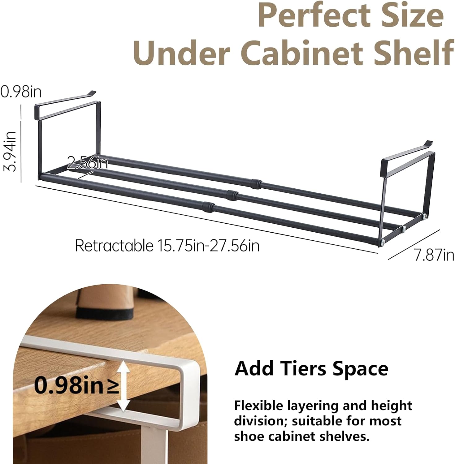 UFORU 4PC Expandable Shoe Rack for Closet,Hanging Shoe Rack Organizer,Black | Shoe Shelf Dividers,Adjustable Under Cabinet Shelf,Under Shelf Storage for Kitchen, Book, Clothing Storage and Organization