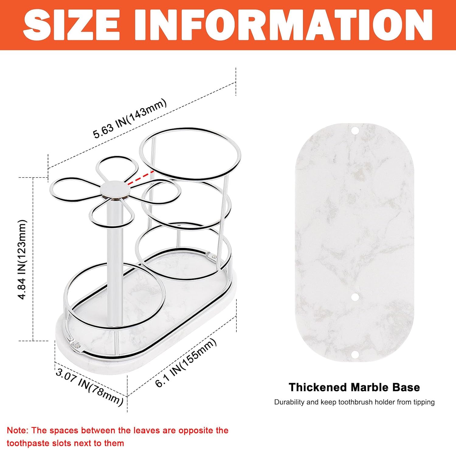 HarJue Toothbrush Holder Stand for Bathroom, Metal Toothbrush Organizer with Marble Base, Toothbrush Storage Collection for Family, Suitable for Home Hotel Countertop Vanity (Medium, Chrome Finish)