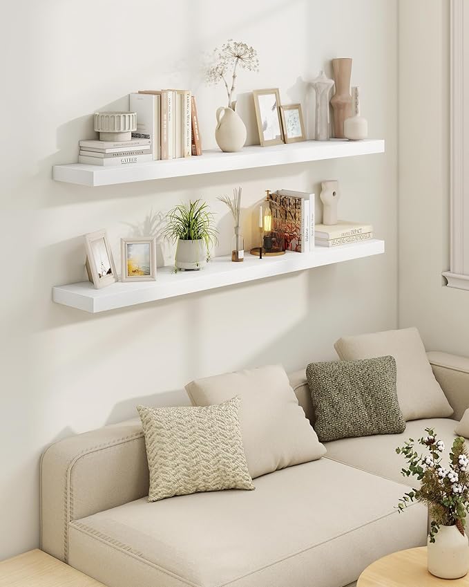 Marsmiles 6.7" Floating Shelves for Wall, Wooden Shelves with Invisible Brackets Set of 2, Rustic Farmhouse Wall Mounted Shelf for Kitchen Bathroom Living Room Study, White