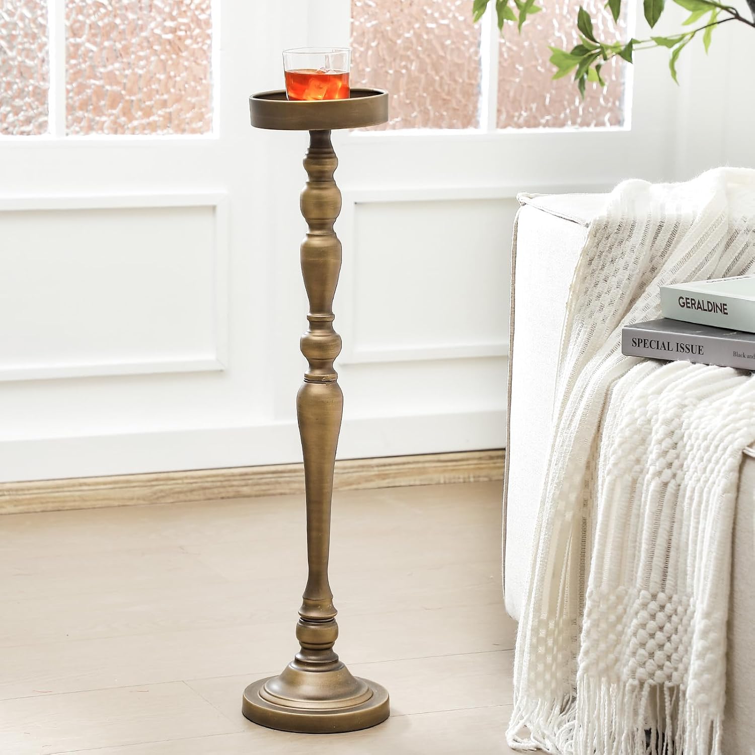 Yalikop Drink Table Pedestal Side Table Round Martini End Table Small Cocktail Drink Stand for Small Spaces Nightstand Bedroom Couch Chair Vintage Metal Decor, 5.74 x 5.74 x 25.98'', Brass (Novelty)