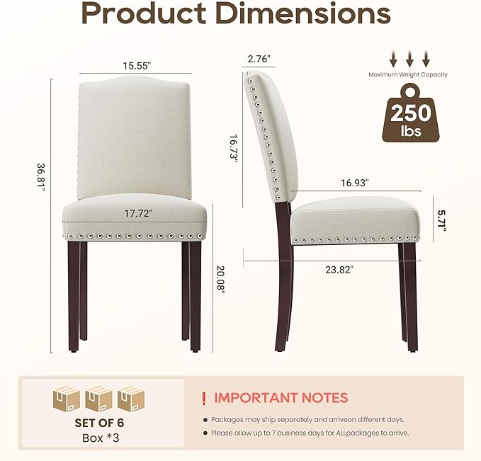 Upholstered Dining Chairs Set of 6 with Thickened Seat Cushion, Wooden Mid-Century Modern Fabric Farmhouse Kitchen Chairs for Dining Room Living/Restaurant/Reading Room(Beige)