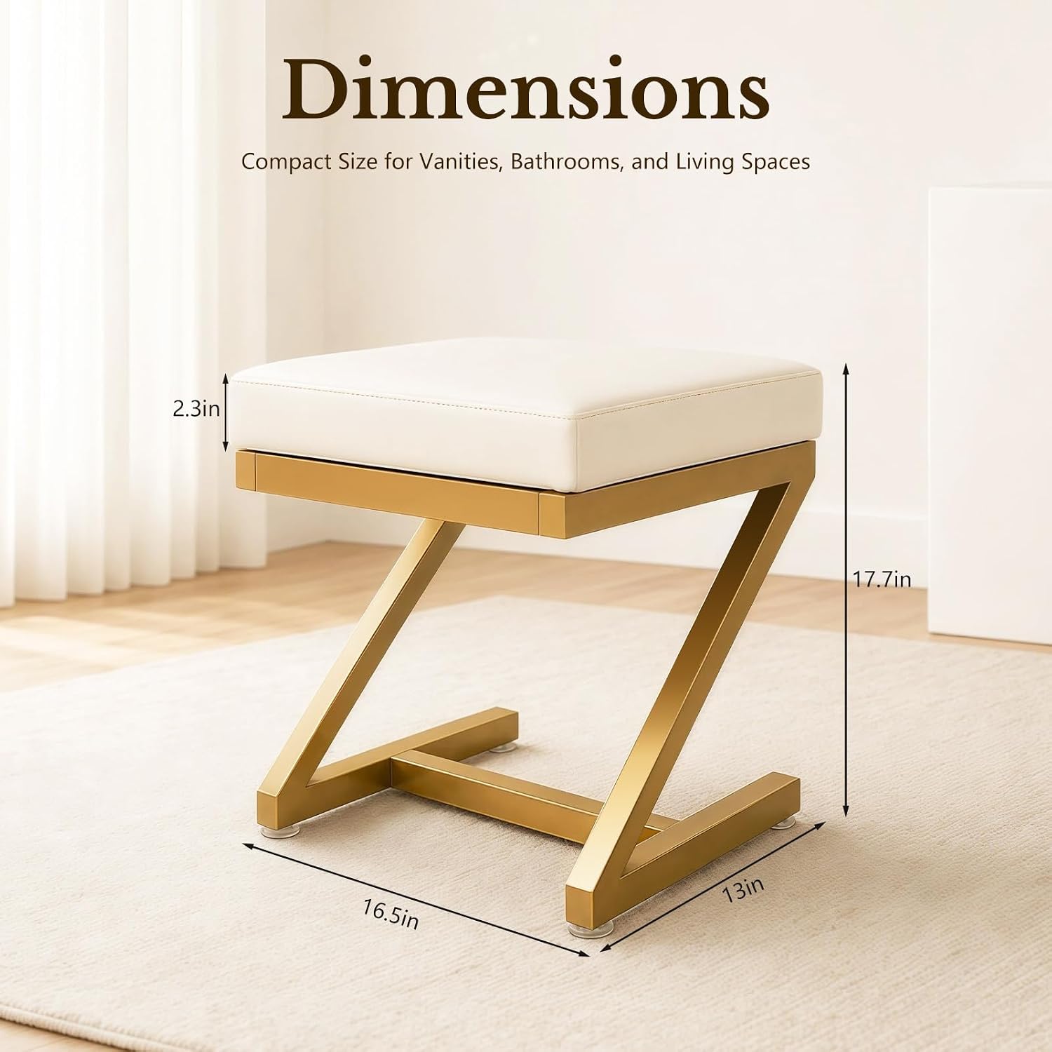 Makeup Vanity Stool Chair - Small Leather Upholstered Ottoman with Cushioned Seat and Metal Z-Frame for Vanity Desk, Bathroom, Bedroom and Dressing Room, Gold