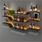 31.5"Modern LED Wine Rack Wall Mounted,3-Tier Floating Bar Shelves | Large Hanging Liquor Shelf Wall Mounted with Wine Glass Rack,DIY Modular WaveDesign,Black Metal for Home Bar Dining Room Cafe