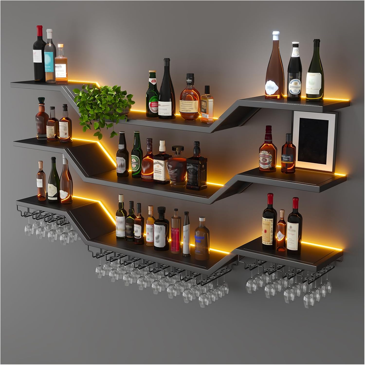 31.5"Modern LED Wine Rack Wall Mounted,3-Tier Floating Bar Shelves | Large Hanging Liquor Shelf Wall Mounted with Wine Glass Rack,DIY Modular WaveDesign,Black Metal for Home Bar Dining Room Cafe