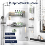 Shower Caddy Adhesive Shower Organizer 7-Pack, Rustproof Stainless Steel Bathroom Shelves, Large Capacity No-Drill Rack Storage Accessories with Soap Dish Toothbrush Holder Hooks (Gray)