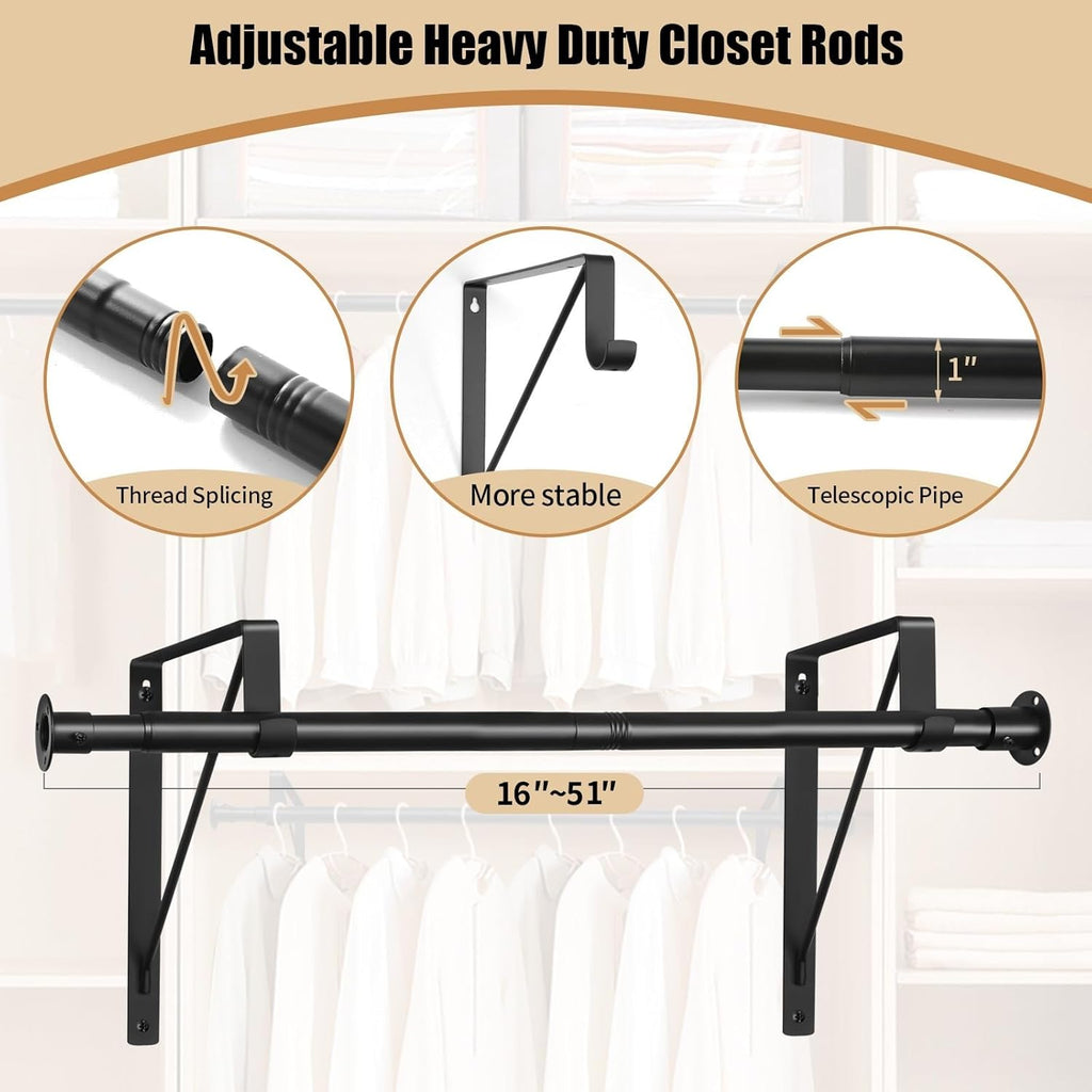Closet Rod, 16 to 51 Inch Closet Rods Heavy Duty Adjustable Wardrobe Poles for Hanging Clothes and Heavy Duty Bracket Closet Pole Support (The Shelf NOT Included)(Black)