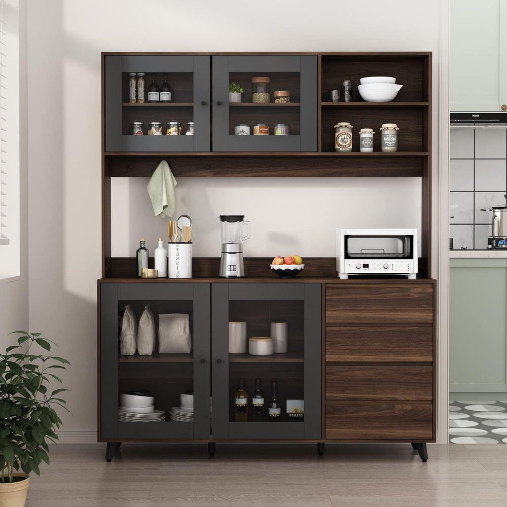 AGOTENI Large Kitchen Hutch Cabinet, Storage Cupboard Pantry with 4 Glass Doo...