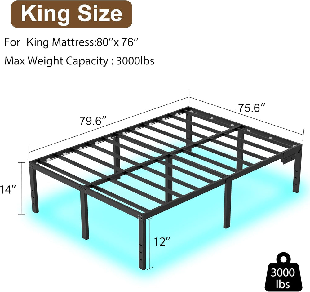 King Size Bed Frame King Platform Bed Frame with LED Lights 14 Inch Tall Matt...