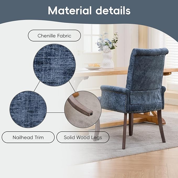 Upholstered Tufted Chenille Dining Chairs with Arms & Nailhead Trim – Sol...