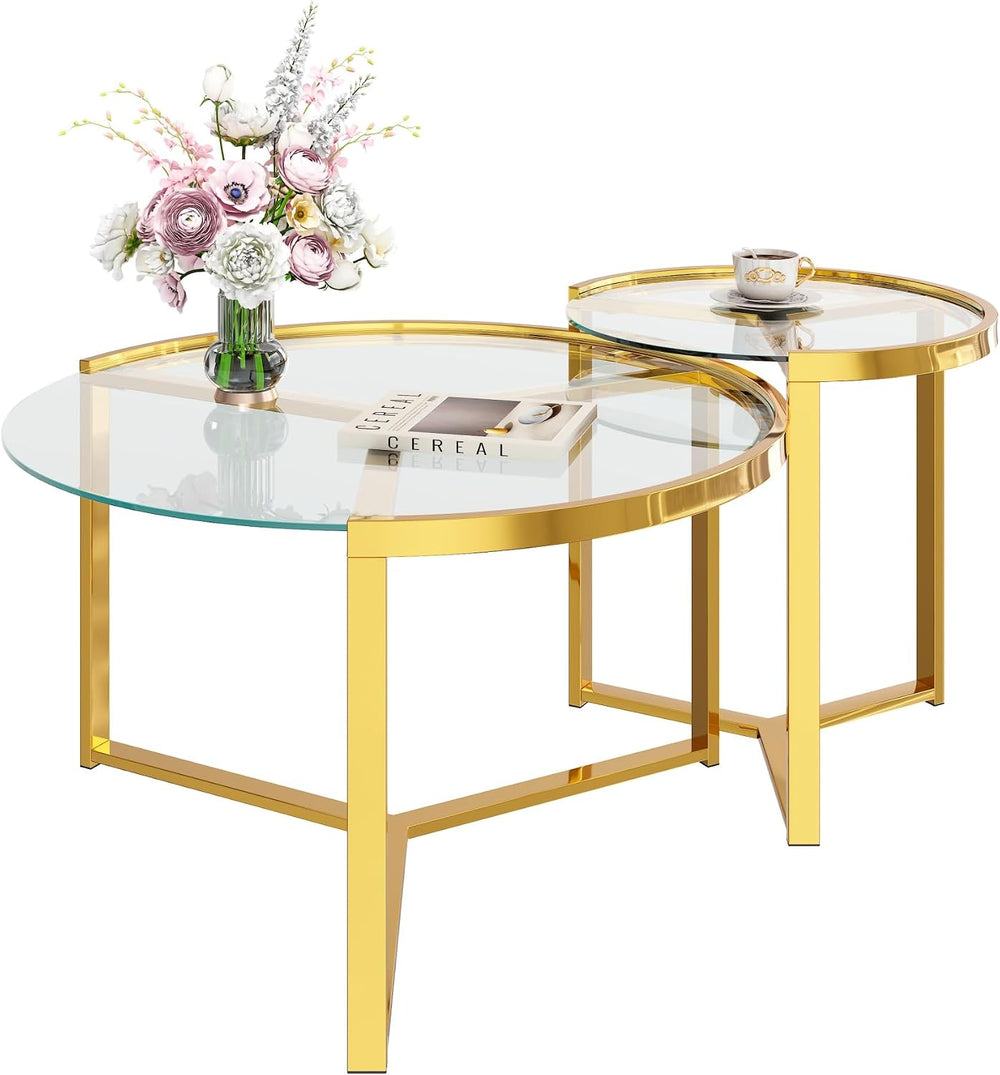 Glass Nesting Coffee Table Set with Metal Frame & Glam Design, Transparen...