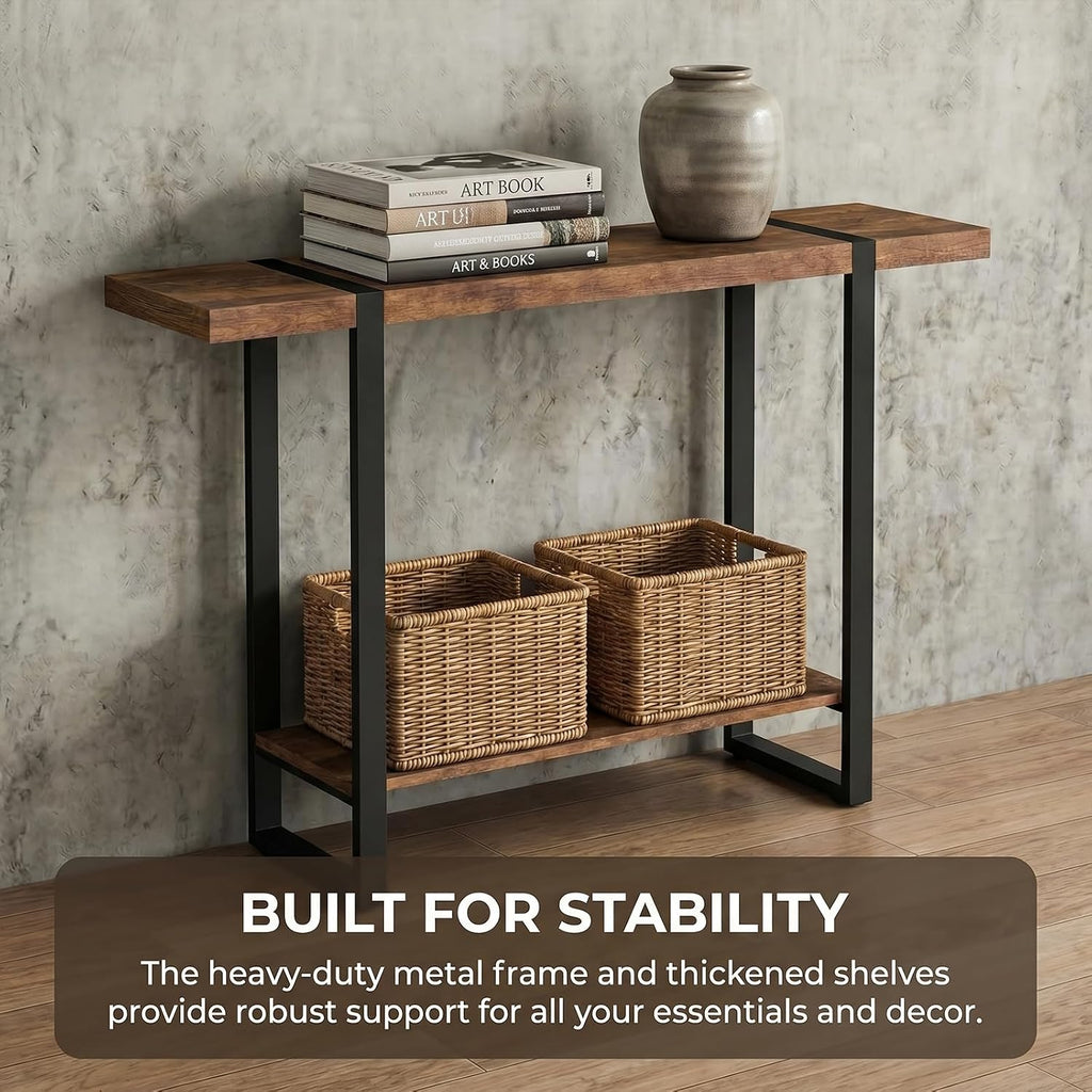 Solid Wood Console Table with 2-Tier Shelf, Narrow Sofa Table Behind Couch, Heavy Duty Entryway Table for Small Spaces, Industrial Farmhouse Hallway Table, W Walnut Color 31.5"L×7.9"W×39.4"H