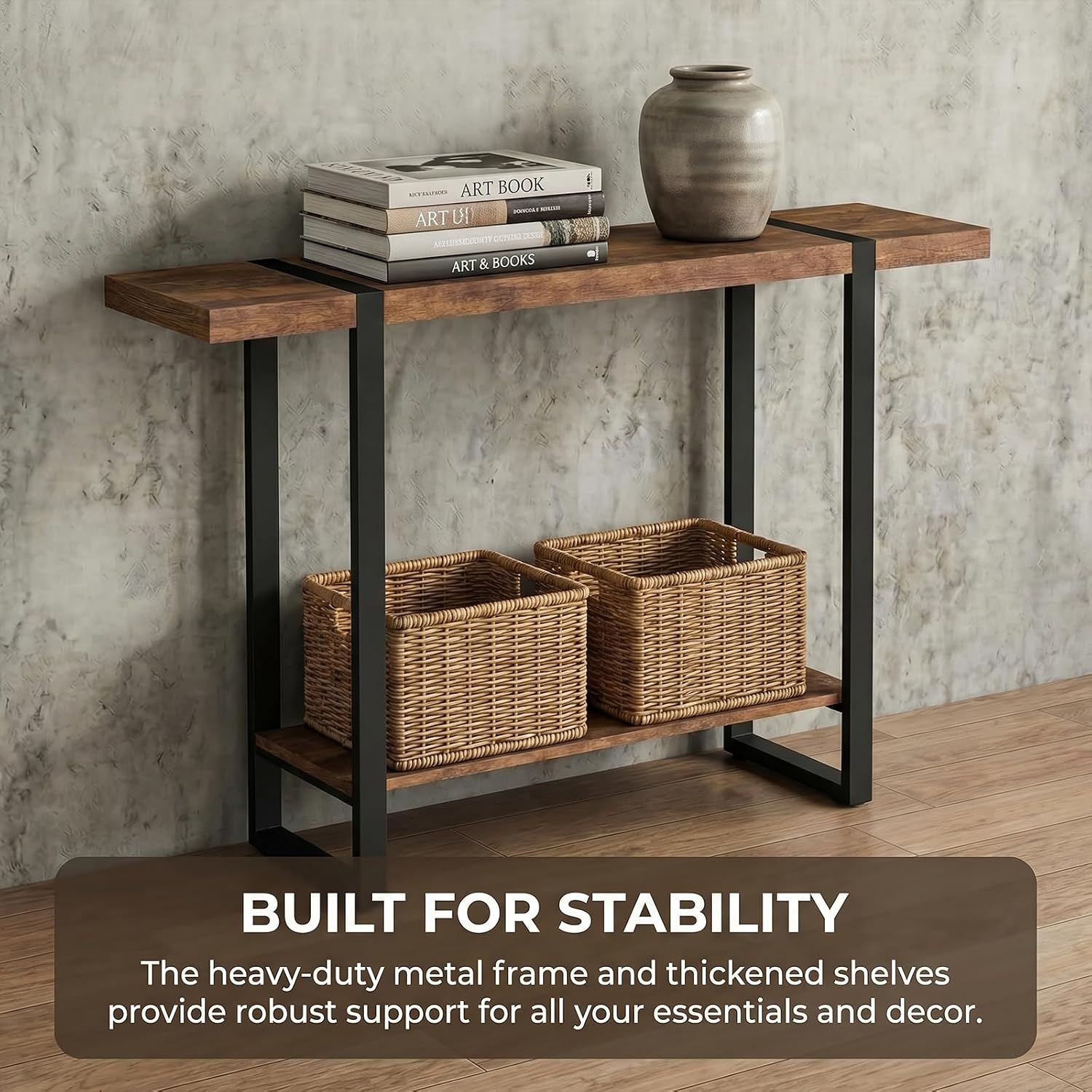Solid Wood Console Table with 2-Tier Shelf, Narrow Sofa Table Behind Couch, Heavy Duty Entryway Table for Small Spaces, Industrial Farmhouse Hallway Table, W Walnut Color 31.5"L×7.9"W×39.4"H