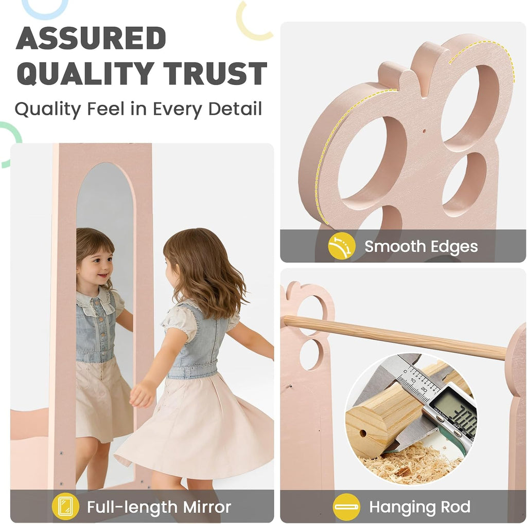 BlueWood Dress Up Storage Kids Wardrobe with Mirror, Toddler Costume Closet | Princess Closet with Hanging Rod, 3 Shelves & Storage Bins, Armoire Rack for Little Princess Girls Ages 3-7, Pink Butterfly
