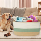 Large Woven Basket, 108L Rectangular Woven Storage Basket with Leather Handles, Stylish Organizer Bin for Home, Office, Laundry, Toys, or Blankets, 25’’*16’’*16’’ White & Green & Jute