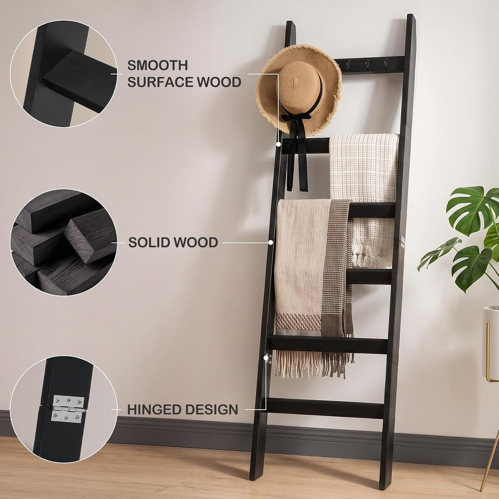 TEAKMAMA 6-Tier 5.4ft Blanket Ladder with Hooks Farmhouse Black | Wall Leaning Solid Wood Quilt Rack, Scratch & Slip Resistant, Living Room Bedroom Bathroom, Christmas Decor, Quick Setup