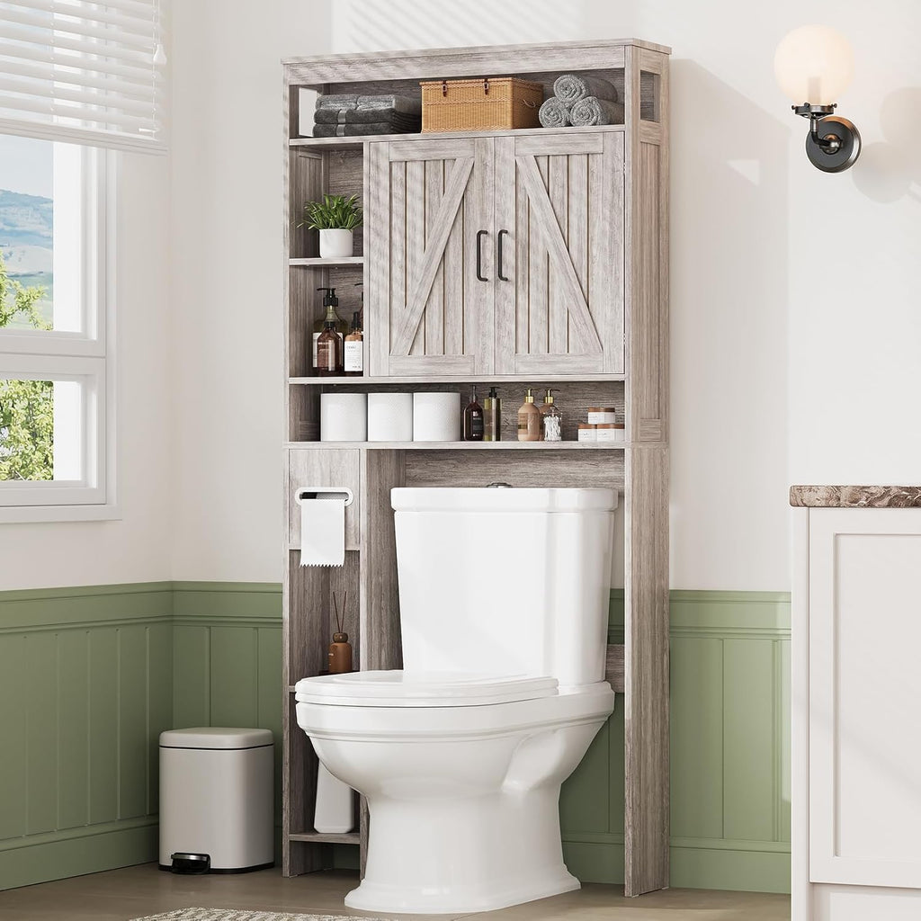 Over The Toilet Storage Cabinet with 6 Shelves, Farmhouse Bathroom Storage Cabinet with 2 Barn Door & Toilet Paper Holder Stand, Toilet Shelf with Adjustable Shelf for Bathroom Laundry